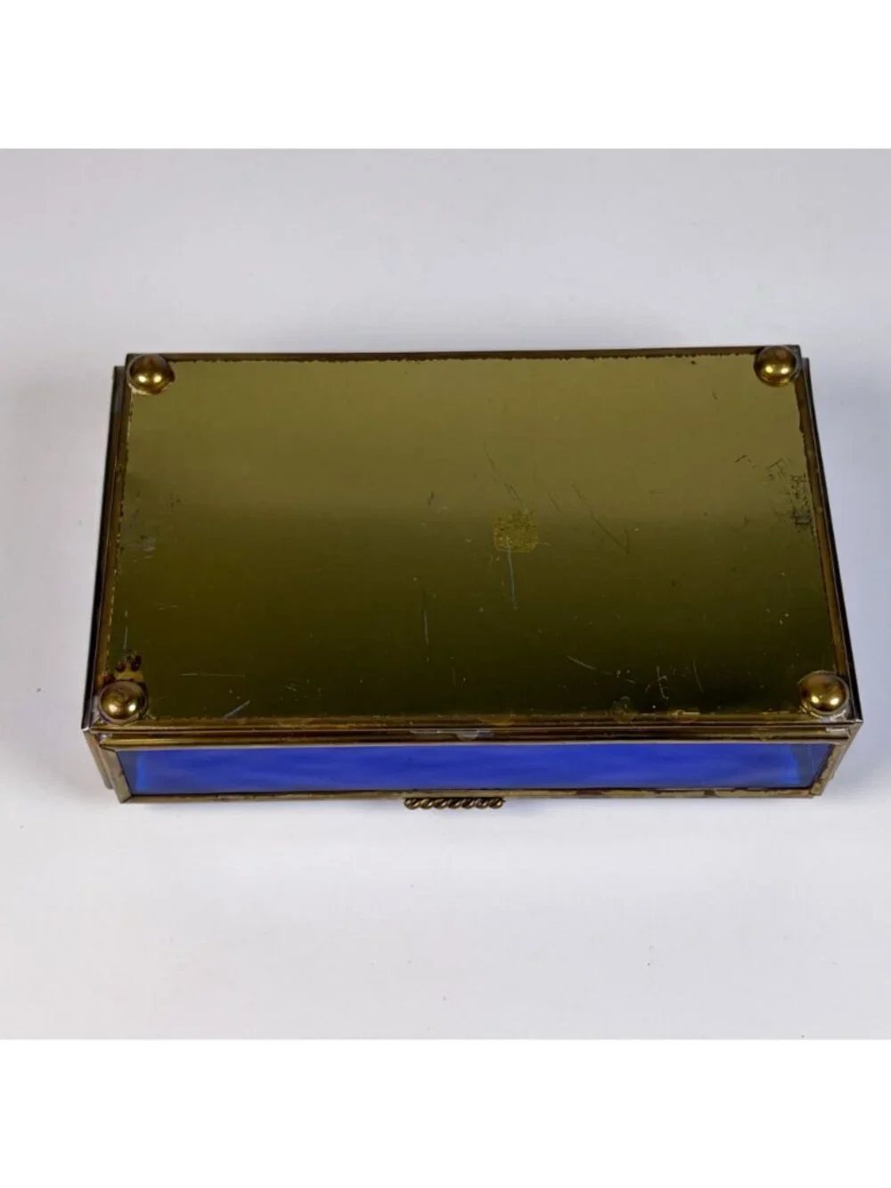 Vintage Blue Glass Jewelry Trinket Box Brass Trim Hinged Lid